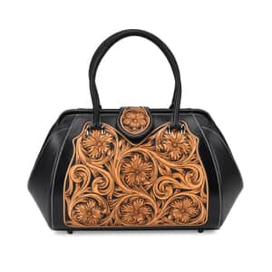 Grand Pelle Black with Solid Color Hand Engraving Flower Genuine Leather Handbag with Handle Drop 6.3 Inch