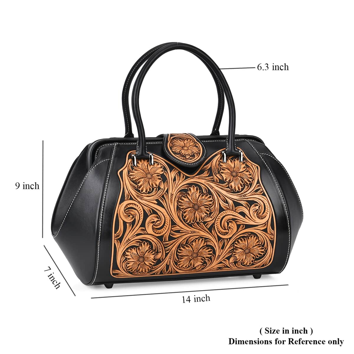 Grand Pelle Black with Solid Color Hand Engraving Flower Genuine Leather Handbag with Handle Drop 6.3 Inch image number 5