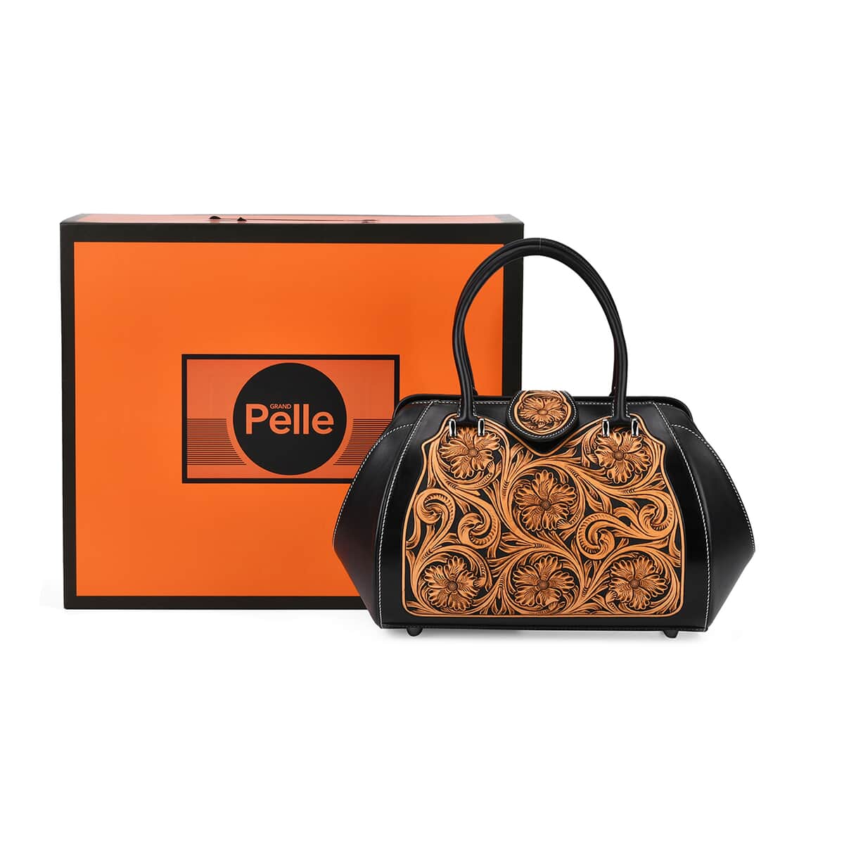 Grand Pelle Black with Solid Color Hand Engraving Flower Genuine Leather Handbag with Handle Drop 6.3 Inch image number 6