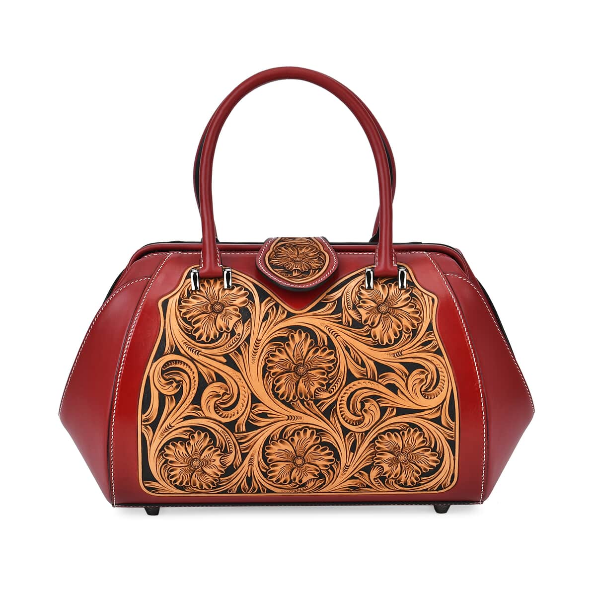 Grand Pelle Red with Solid Color Hand Engraving Flower Genuine Leather Handbag with Handle Drop 6.3 Inch image number 0