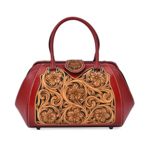 Grand Pelle Red with Solid Color Hand Engraving Flower Genuine Leather Handbag with Handle Drop 6.3 Inch