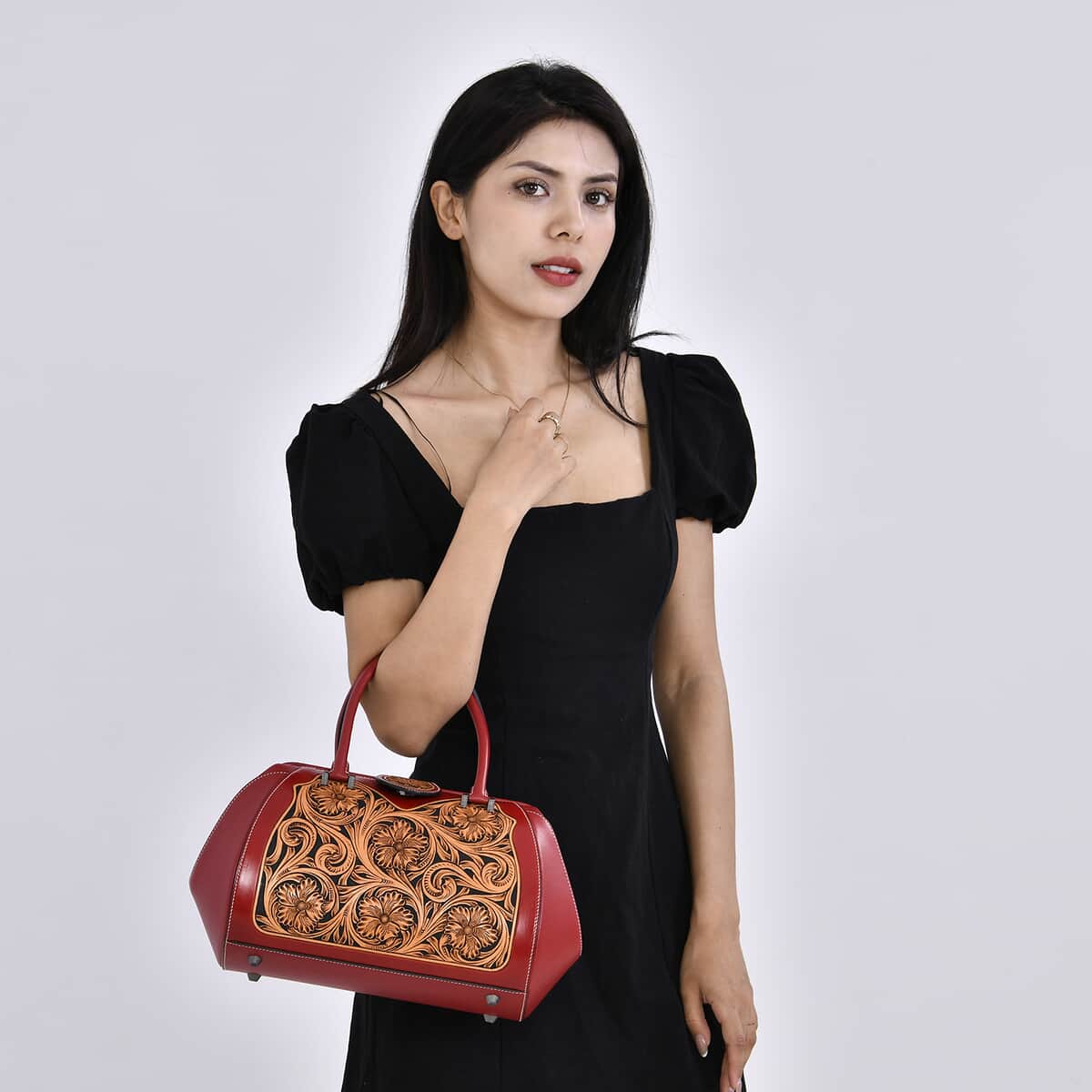 Grand Pelle Red with Solid Color Hand Engraving Flower Genuine Leather Handbag with Handle Drop 6.3 Inch image number 1