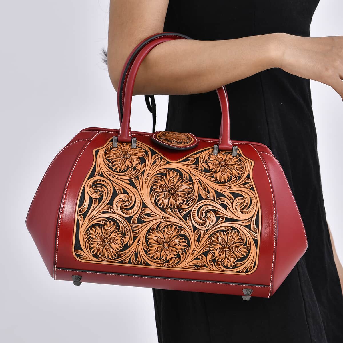 Grand Pelle Red with Solid Color Hand Engraving Flower Genuine Leather Handbag with Handle Drop 6.3 Inch image number 2