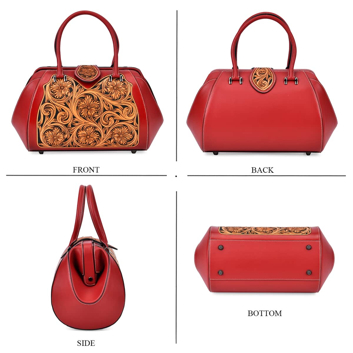 Grand Pelle Red with Solid Color Hand Engraving Flower Genuine Leather Handbag with Handle Drop 6.3 Inch image number 3