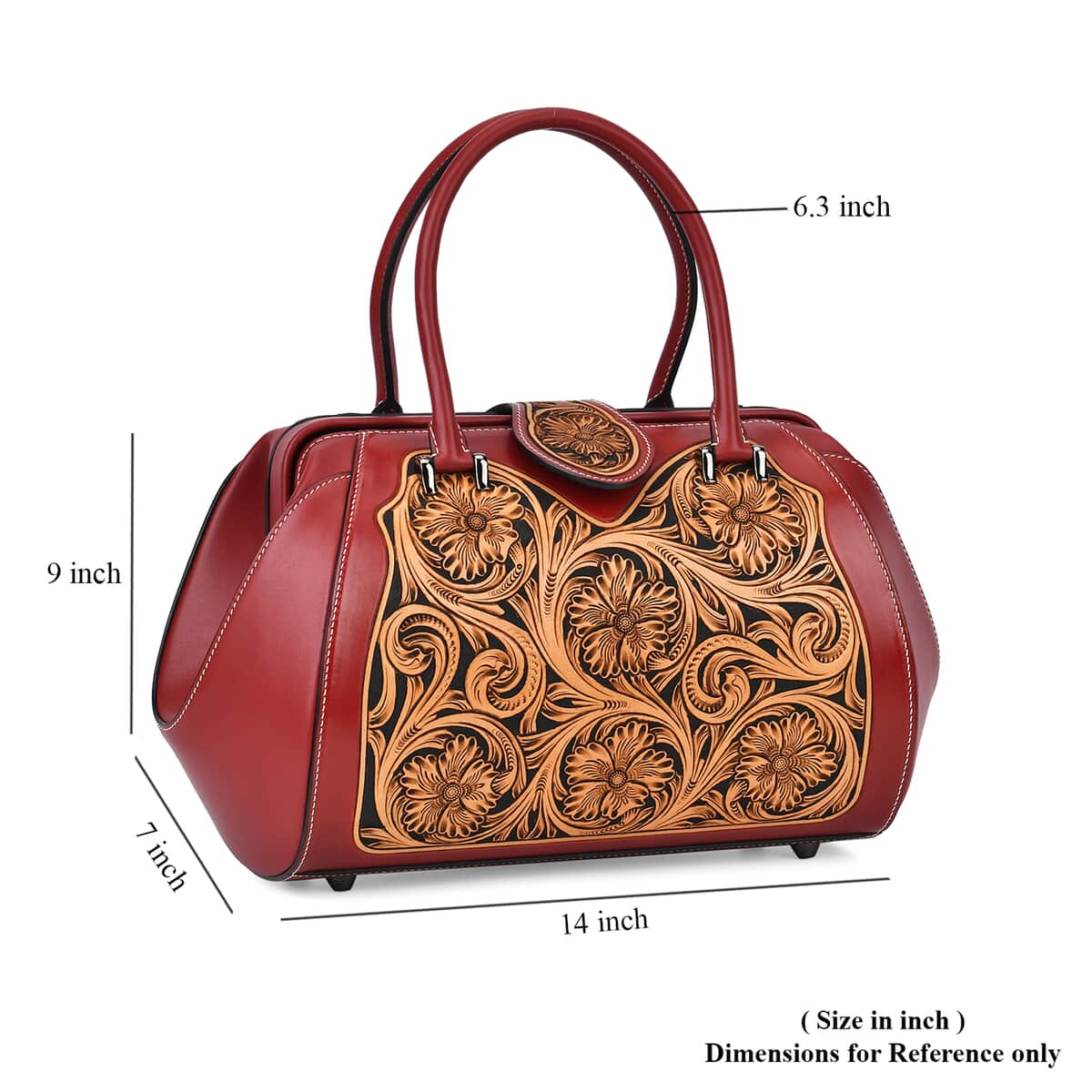 Grand Pelle Red with Solid Color Hand Engraving Flower Genuine Leather Handbag with Handle Drop 6.3 Inch image number 5