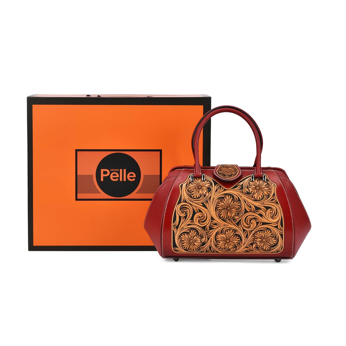 Grand Pelle Red with Solid Color Hand Engraving Flower Genuine Leather Handbag with Handle Drop 6.3 Inch image number 6