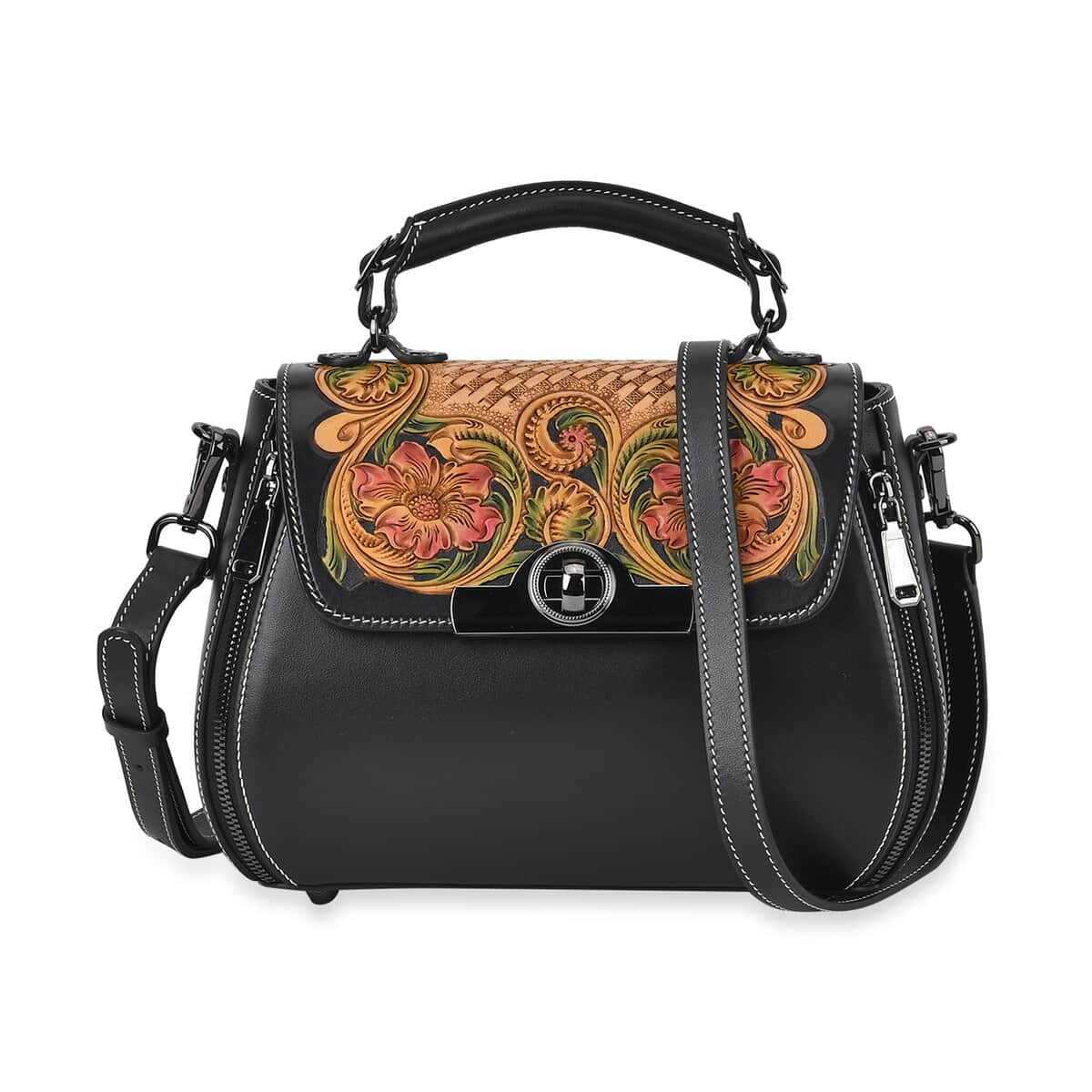 Grand Pelle Black with Multi Color Hand Engraving Flower Genuine Leather Crossbody Bag with Handle Drop 1.6 image number 0