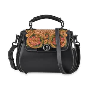 Grand Pelle Black with Multi Color Hand Engraving Flower Genuine Leather Crossbody Bag with Handle Drop 1.6