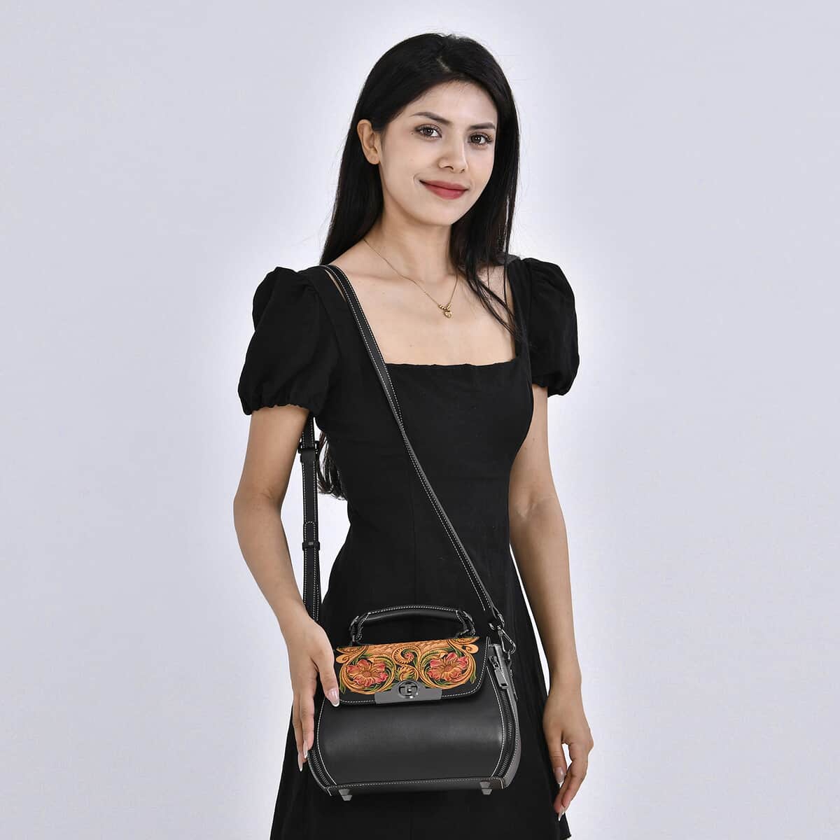 Grand Pelle Black with Multi Color Hand Engraving Flower Genuine Leather Crossbody Bag with Handle Drop 1.6 image number 1