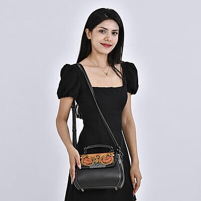 Grand Pelle Black with Multi Color Hand Engraving Flower Genuine Leather Crossbody Bag with Handle Drop 1.6