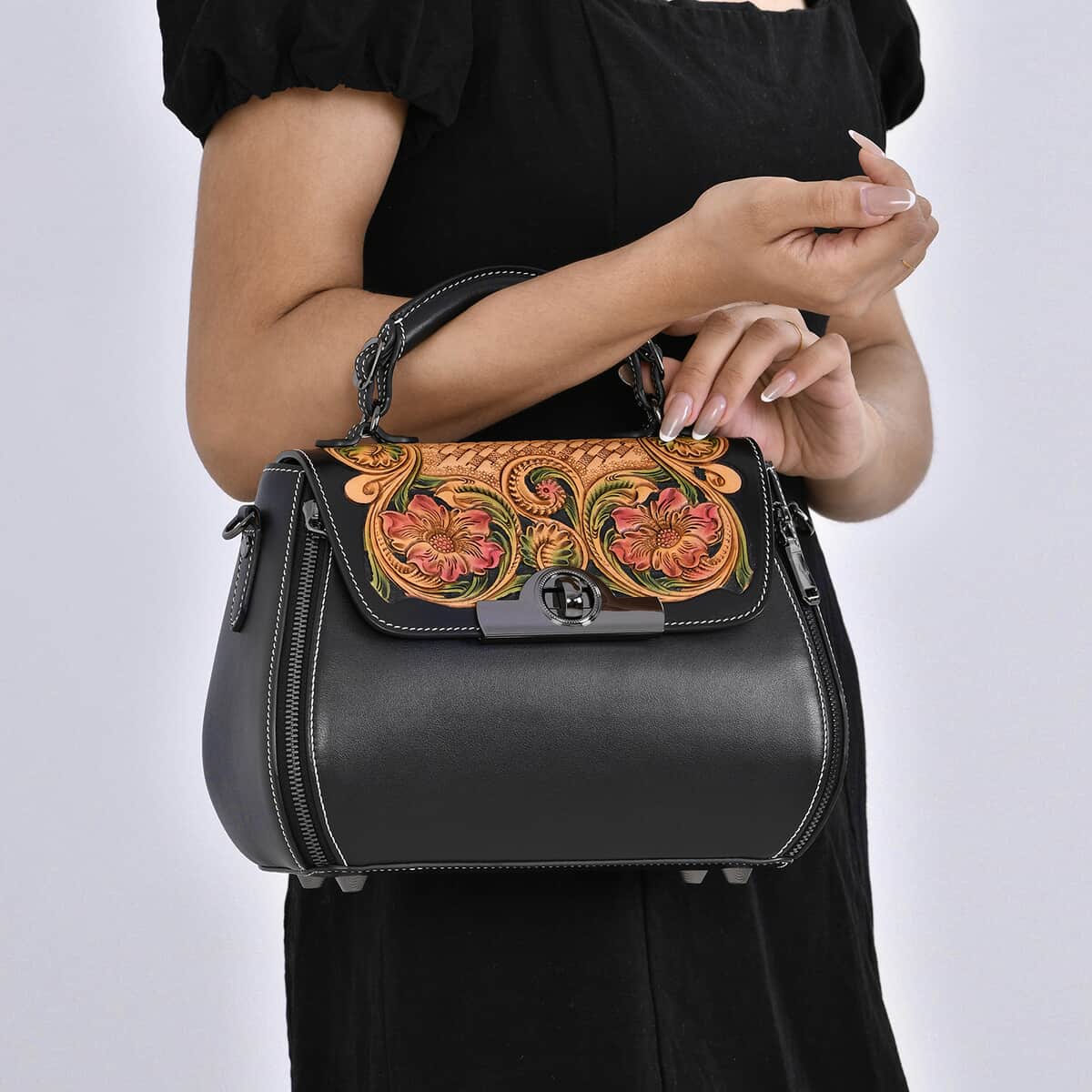 Grand Pelle Black with Multi Color Hand Engraving Flower Genuine Leather Crossbody Bag with Handle Drop 1.6 image number 2