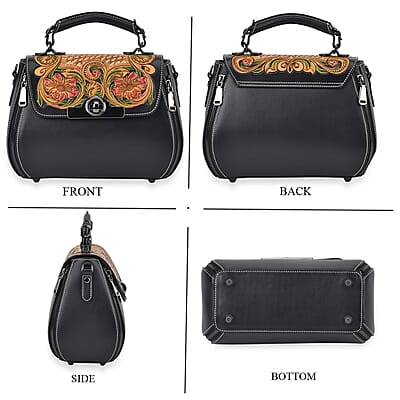 Grand Pelle Black with Multi Color Hand Engraving Flower Genuine Leather Crossbody Bag with Handle Drop 1.6