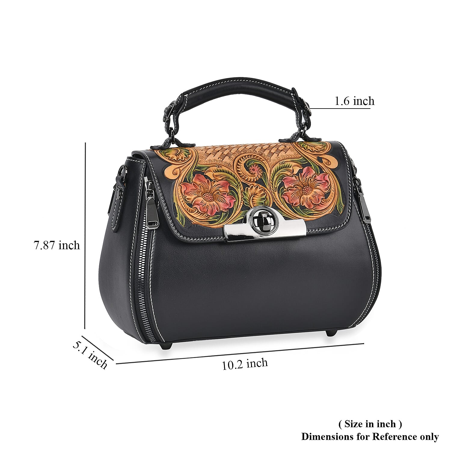 Grand Pelle Black with Multi Color Hand Engraving Flower Genuine Leather Crossbody Bag with Handle Drop 1.6