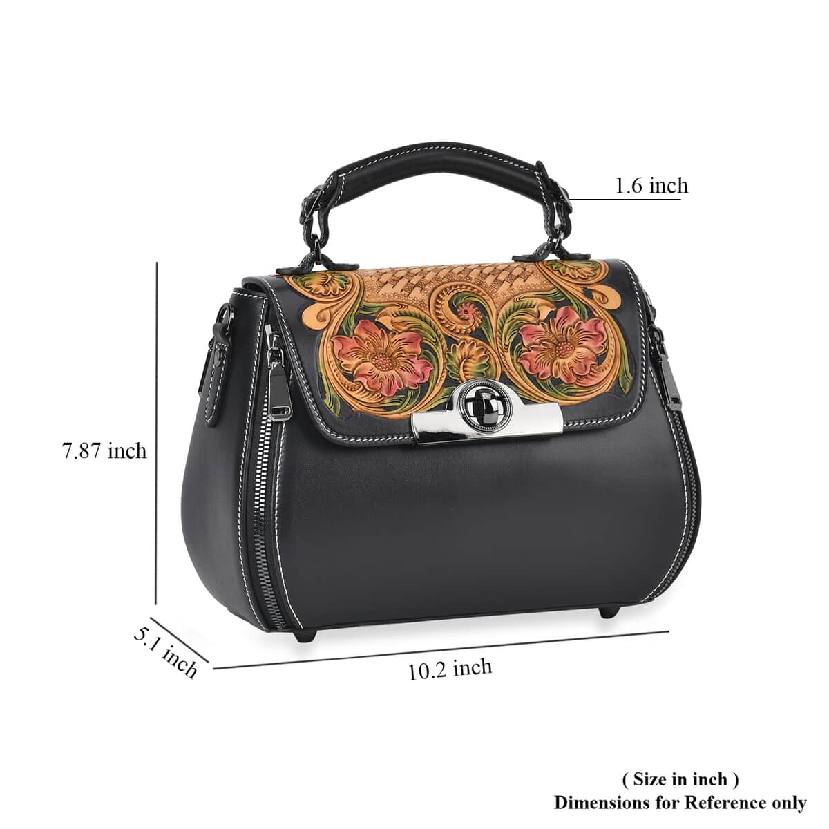 Grand Pelle Black with Multi Color Hand Engraving Flower Genuine Leather Crossbody Bag with Handle Drop 1.6 image number 5