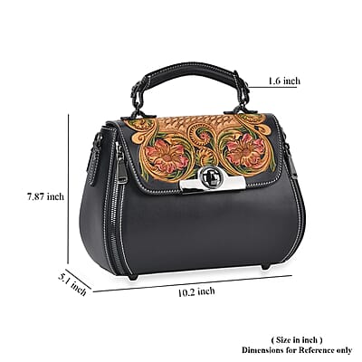 Grand Pelle Black with Multi Color Hand Engraving Flower Genuine Leather Crossbody Bag with Handle Drop 1.6