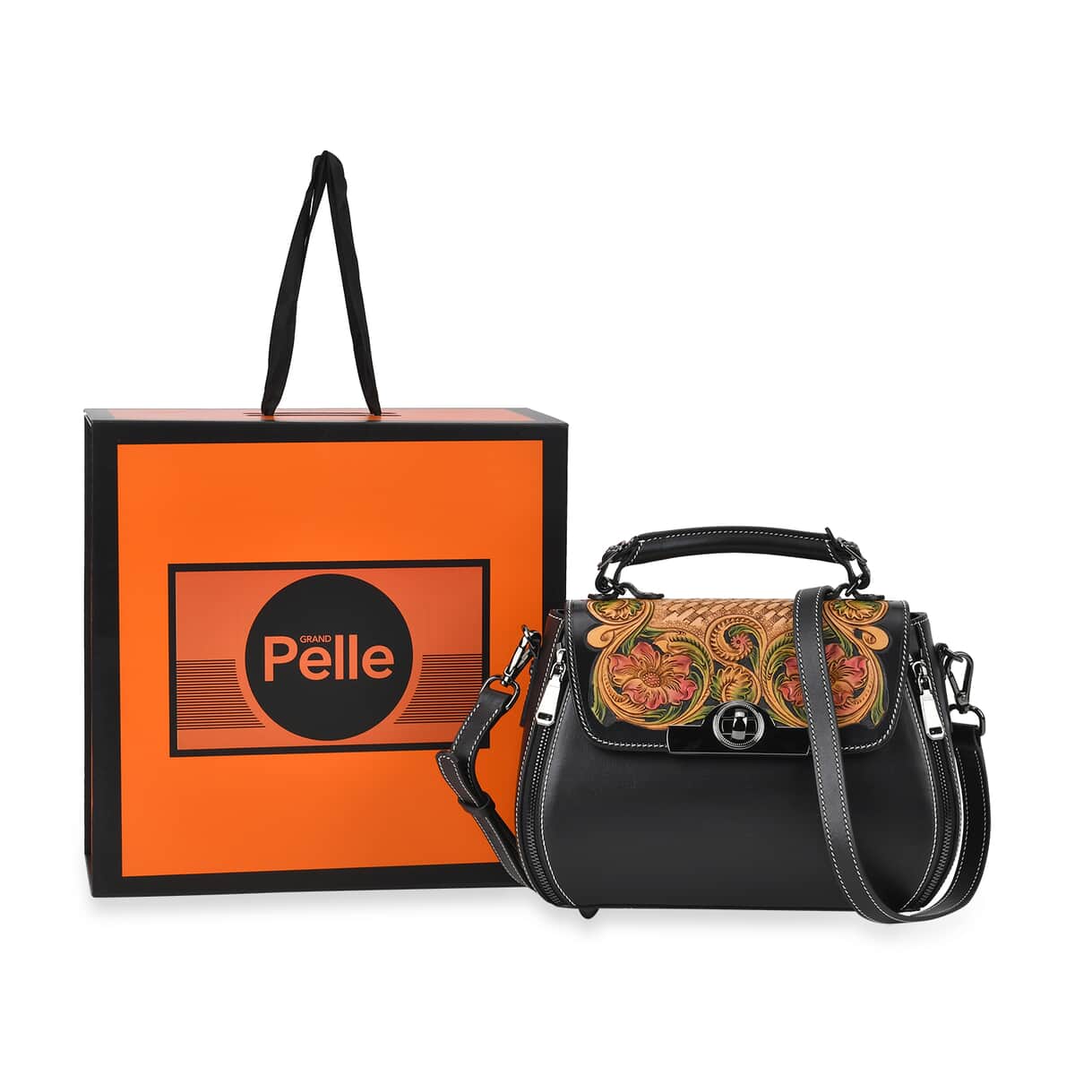 Grand Pelle Black with Multi Color Hand Engraving Flower Genuine Leather Crossbody Bag with Handle Drop 1.6 image number 6