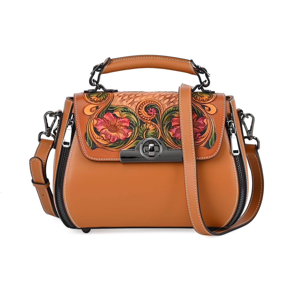 Grand Pelle Tan with Multi Color Hand Engraving Flower Genuine Leather Crossbody with Handle Drop 1.6 image number 0