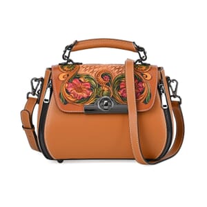 Grand Pelle Tan with Multi Color Hand Engraving Flower Genuine Leather Crossbody with Handle Drop 1.6