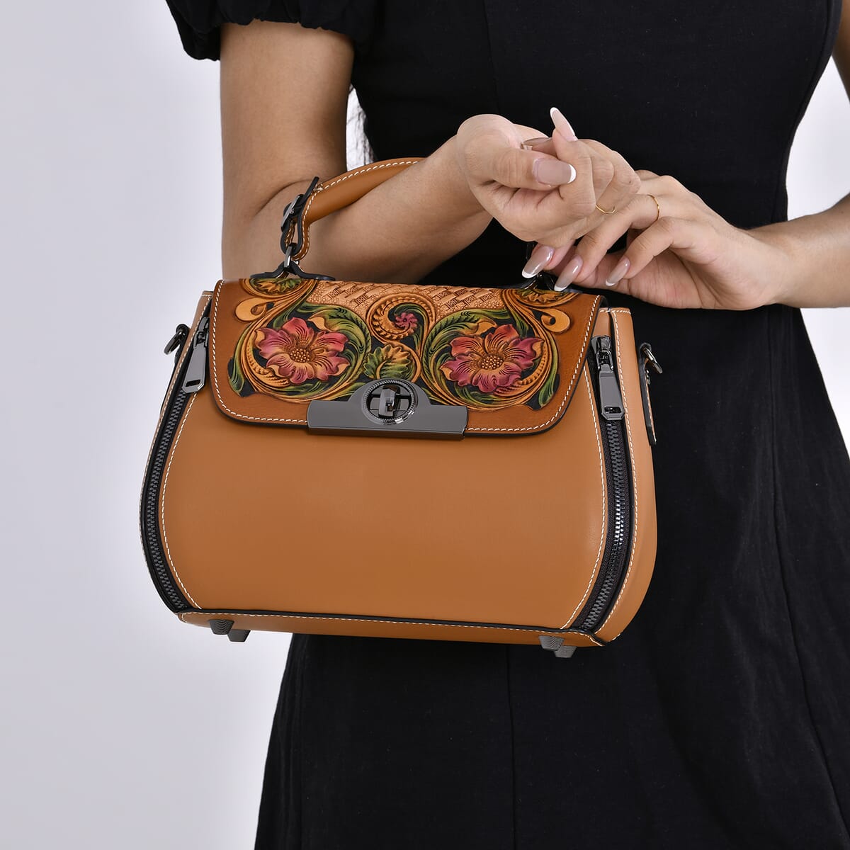 Grand Pelle Tan with Multi Color Hand Engraving Flower Genuine Leather Crossbody with Handle Drop 1.6 image number 2