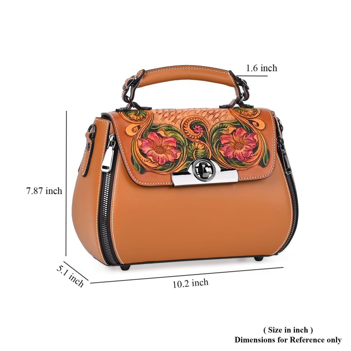 Grand Pelle Tan with Multi Color Hand Engraving Flower Genuine Leather Crossbody with Handle Drop 1.6 image number 5
