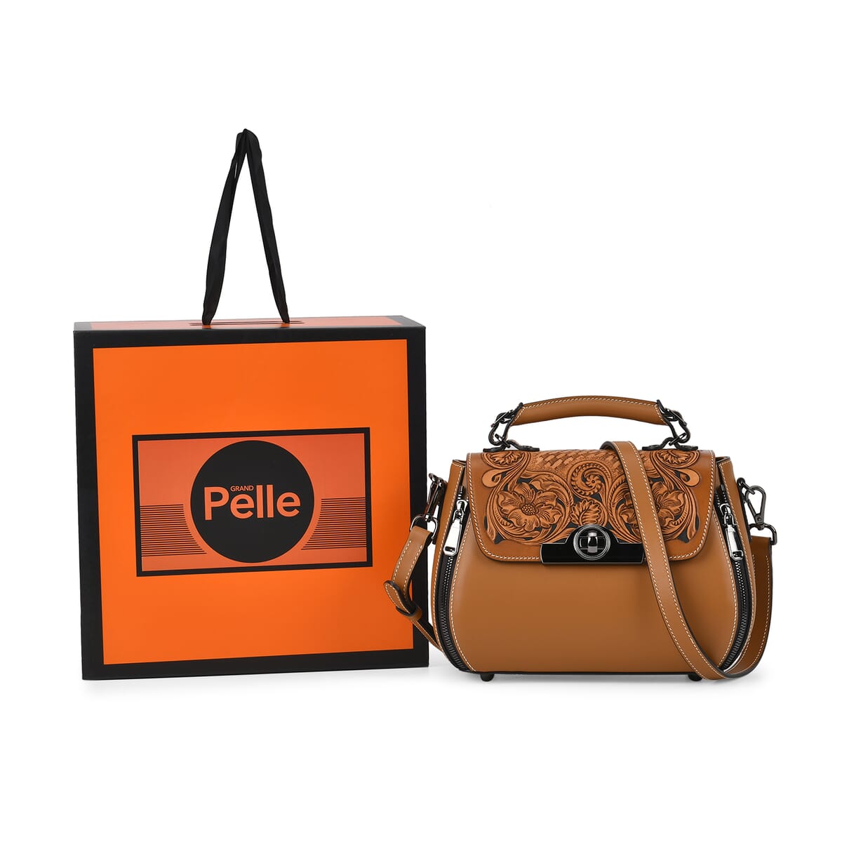 Grand Pelle Tan with Multi Color Hand Engraving Flower Genuine Leather Crossbody with Handle Drop 1.6 image number 6