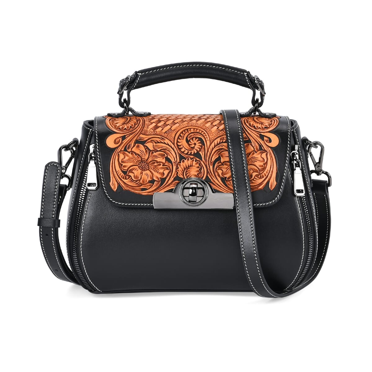 Grand Pelle Black with Solid Color Hand Engraving Flower Genuine Leather Crossbody with Handle Drop 1.6 image number 0