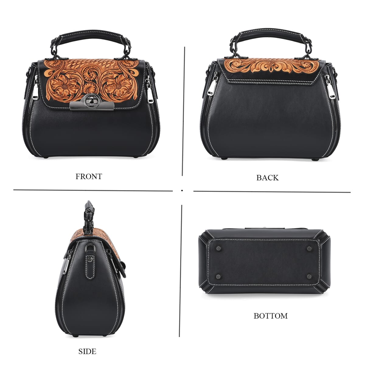 Grand Pelle Black with Solid Color Hand Engraving Flower Genuine Leather Crossbody with Handle Drop 1.6 image number 3