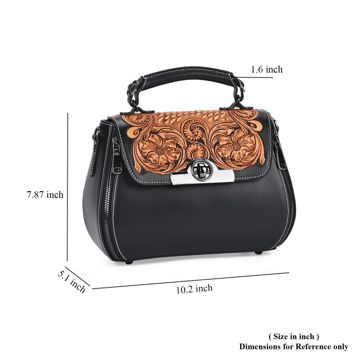 Grand Pelle Black with Solid Color Hand Engraving Flower Genuine Leather Crossbody with Handle Drop 1.6 image number 5