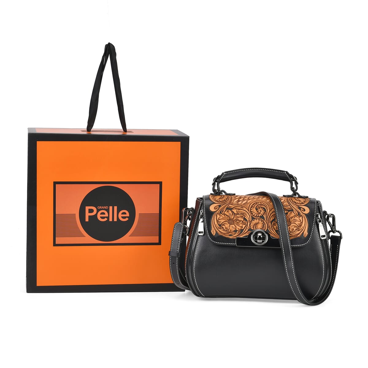 Grand Pelle Black with Solid Color Hand Engraving Flower Genuine Leather Crossbody with Handle Drop 1.6 image number 6