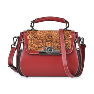 Grand Pelle Red with Solid Color Hand Engraving Flower Genuine Leather Crossbody with Handle Drop 1.6