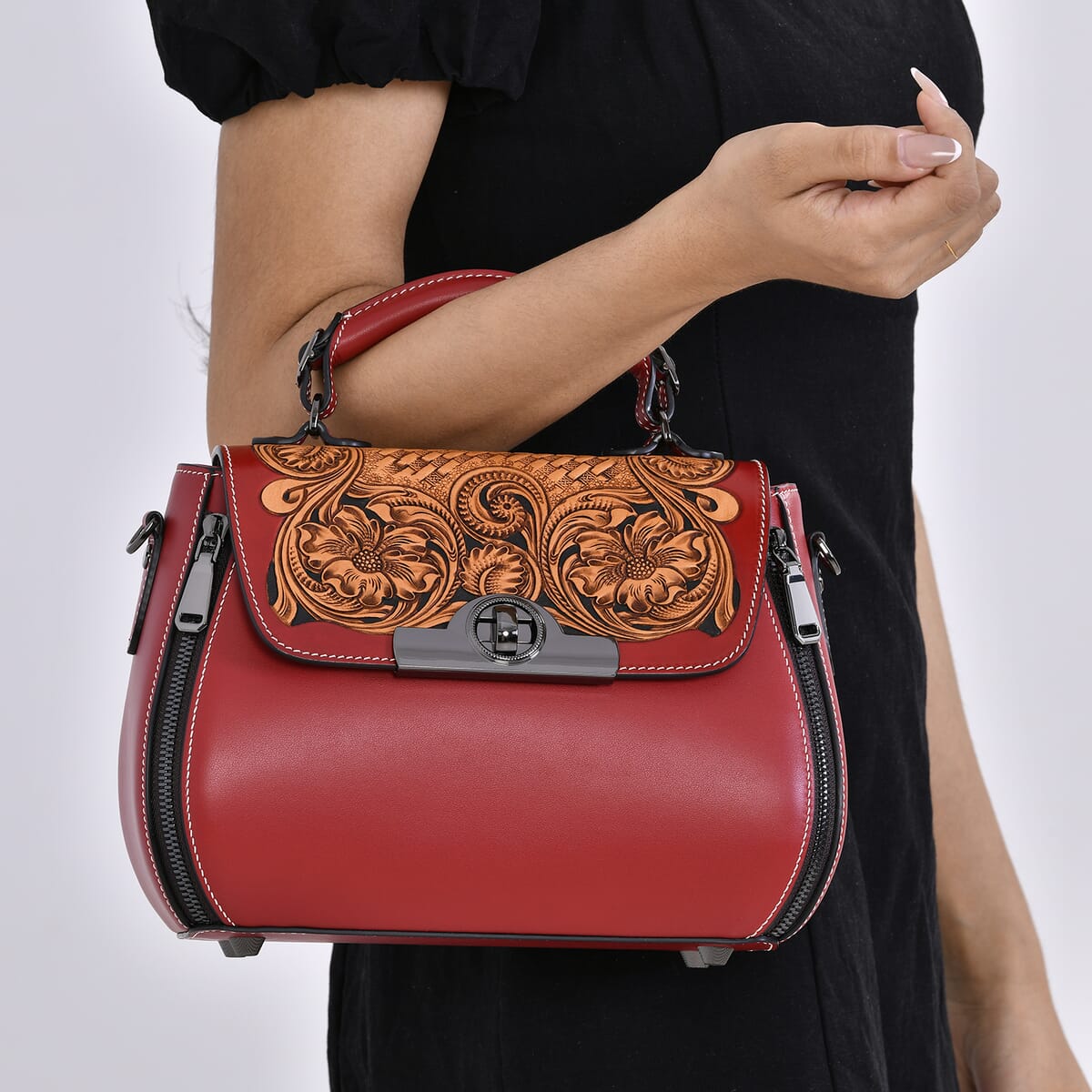 Grand Pelle Red with Solid Color Hand Engraving Flower Genuine Leather Crossbody with Handle Drop 1.6 image number 2