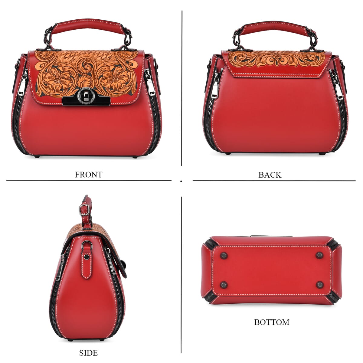Grand Pelle Red with Solid Color Hand Engraving Flower Genuine Leather Crossbody with Handle Drop 1.6 image number 3
