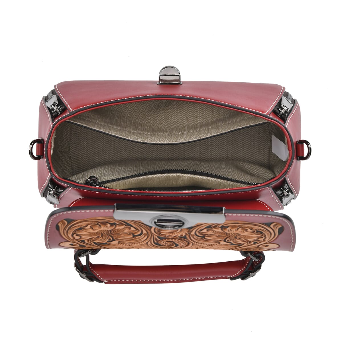 Grand Pelle Red with Solid Color Hand Engraving Flower Genuine Leather Crossbody with Handle Drop 1.6 image number 4