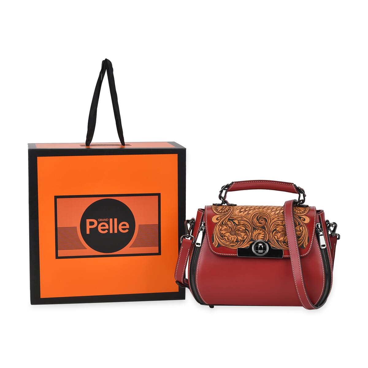 Grand Pelle Red with Solid Color Hand Engraving Flower Genuine Leather Crossbody with Handle Drop 1.6 image number 6