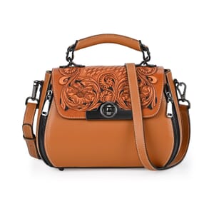 Grand Pelle Tan with Solid Color Hand Engraving Flower Genuine Leather Crossbody with Handle Drop 1.6