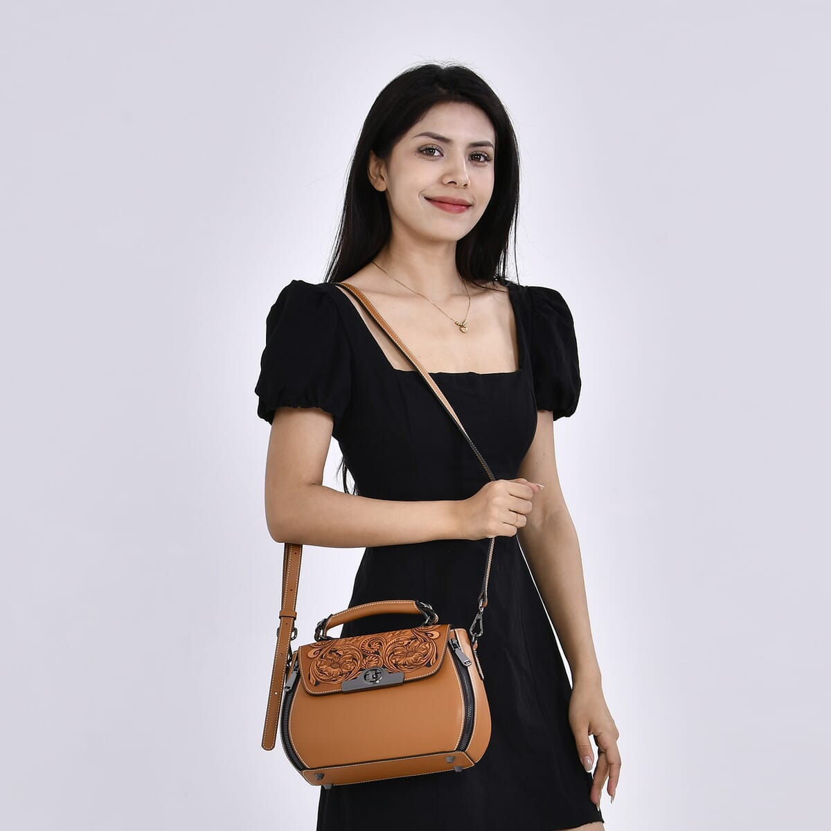 Grand Pelle Tan with Solid Color Hand Engraving Flower Genuine Leather Crossbody with Handle Drop 1.6 image number 1
