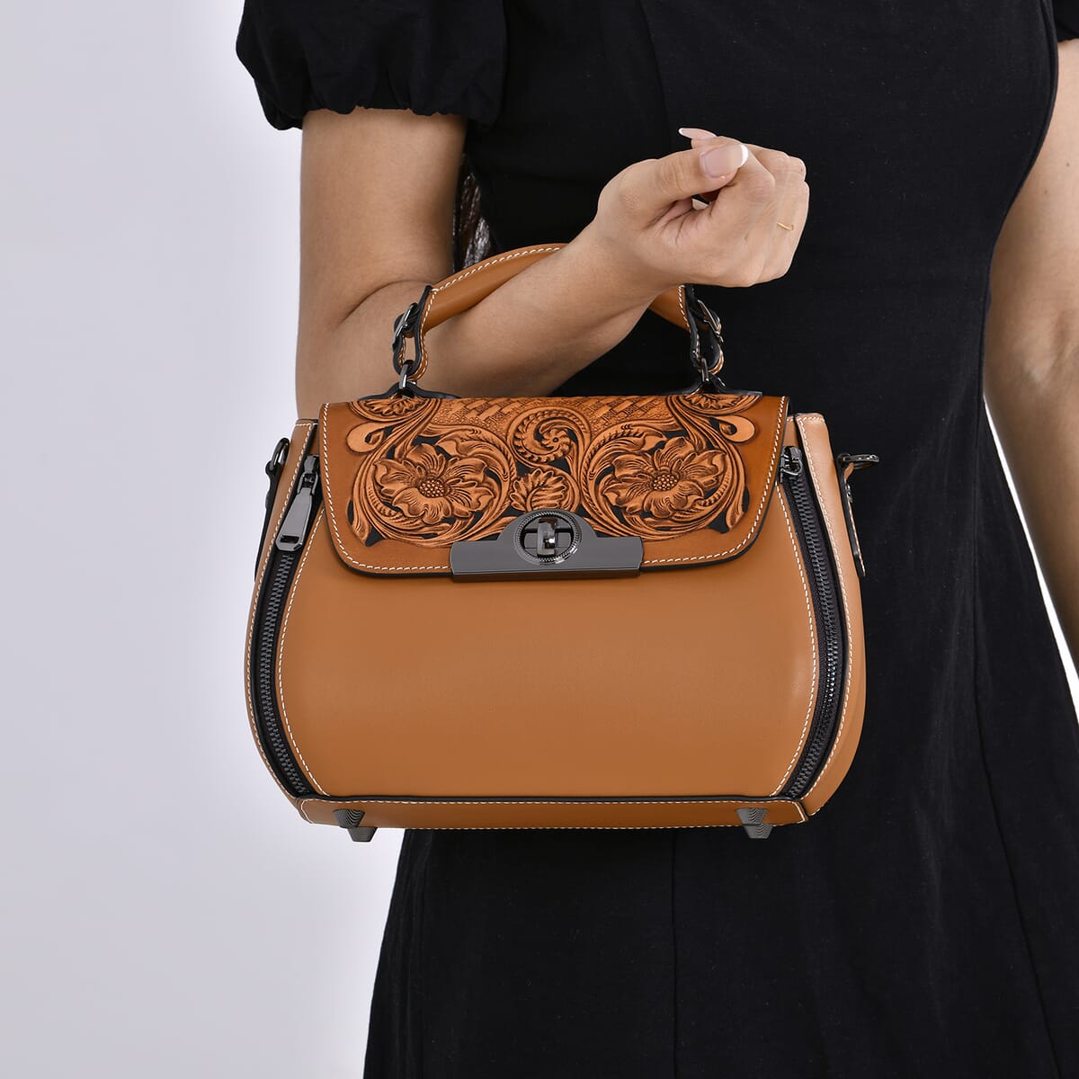 Grand Pelle Tan with Solid Color Hand Engraving Flower Genuine Leather Crossbody with Handle Drop 1.6 image number 2