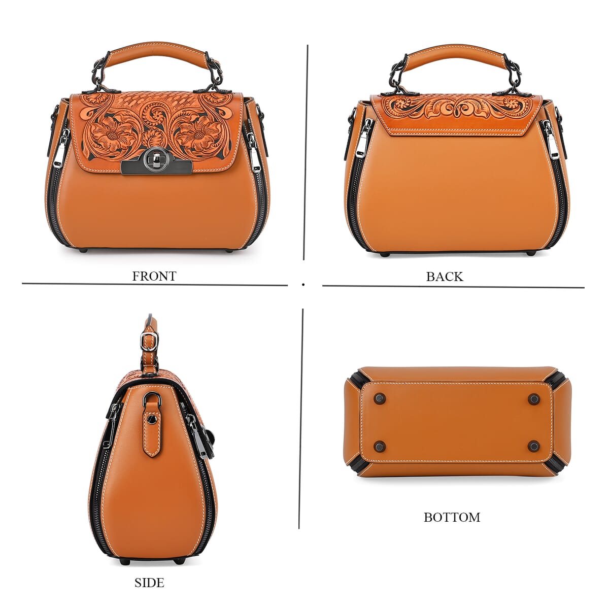 Grand Pelle Tan with Solid Color Hand Engraving Flower Genuine Leather Crossbody with Handle Drop 1.6 image number 3