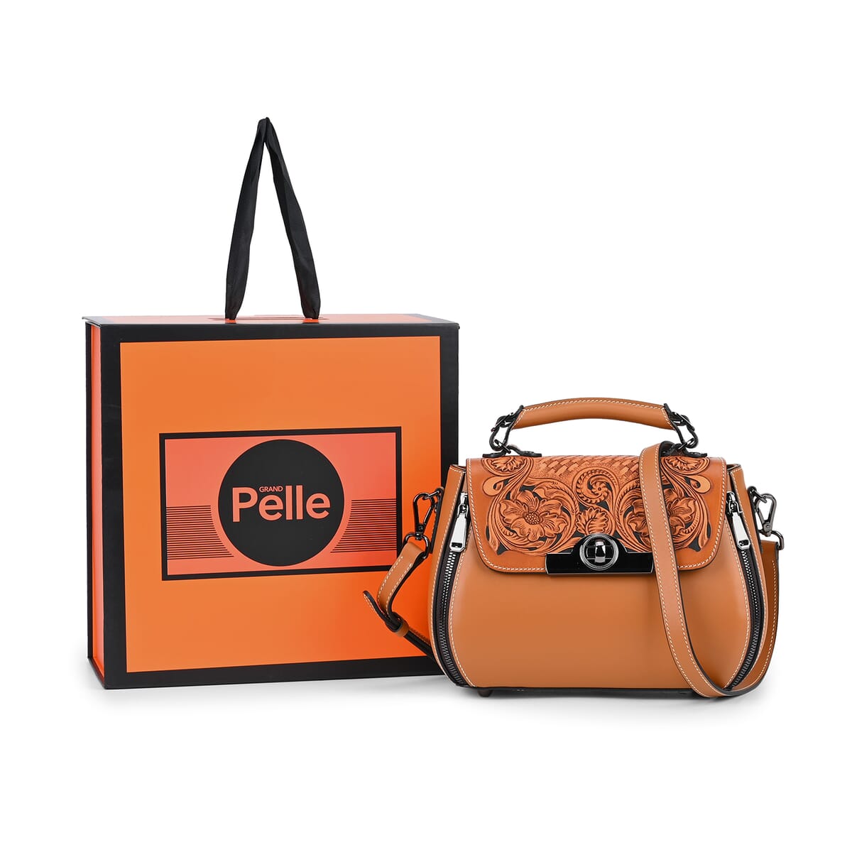 Grand Pelle Tan with Solid Color Hand Engraving Flower Genuine Leather Crossbody with Handle Drop 1.6 image number 6