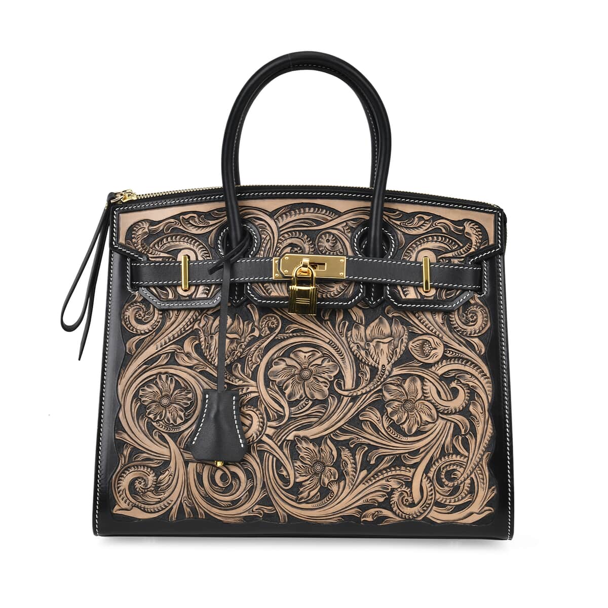 Grand Pelle Black with Solid Color Hand Engraving Flower Genuine Leather Handbag with Handle Drop 5.5 Inch image number 0