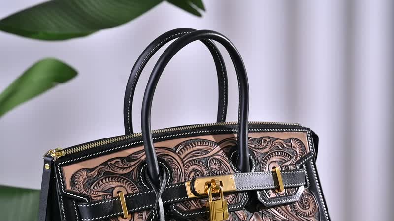Grand Pelle Black with Solid Color Hand Engraving Flower Genuine Leather Hand Bag (11.6"x9"x7") with Handle Drop 5.5"