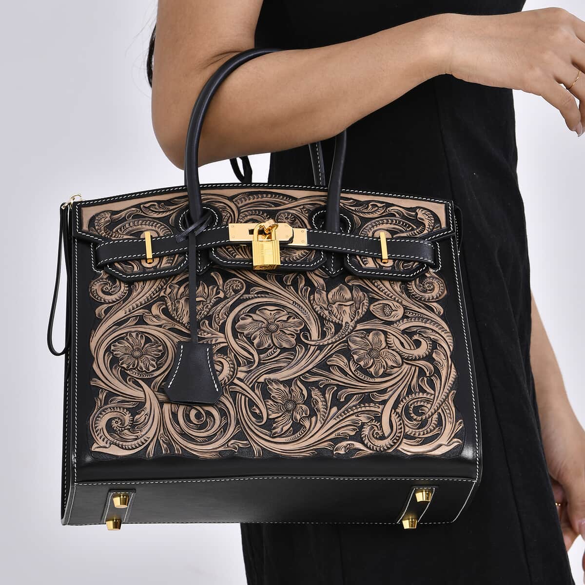 Grand Pelle Black with Solid Color Hand Engraving Flower Genuine Leather Handbag with Handle Drop 5.5 Inch image number 2