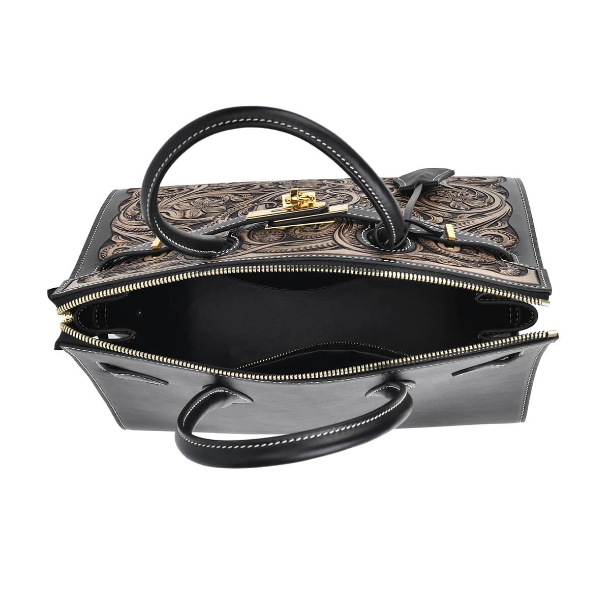 Grand Pelle Black with Solid Color Hand Engraving Flower Genuine Leather Handbag with Handle Drop 5.5 Inch image number 4