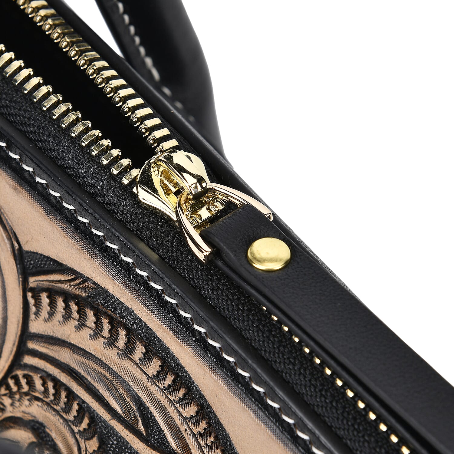 Grand Pelle Black with Solid Color Hand Engraving Flower Genuine Leather Handbag with Handle Drop 5.5 Inch