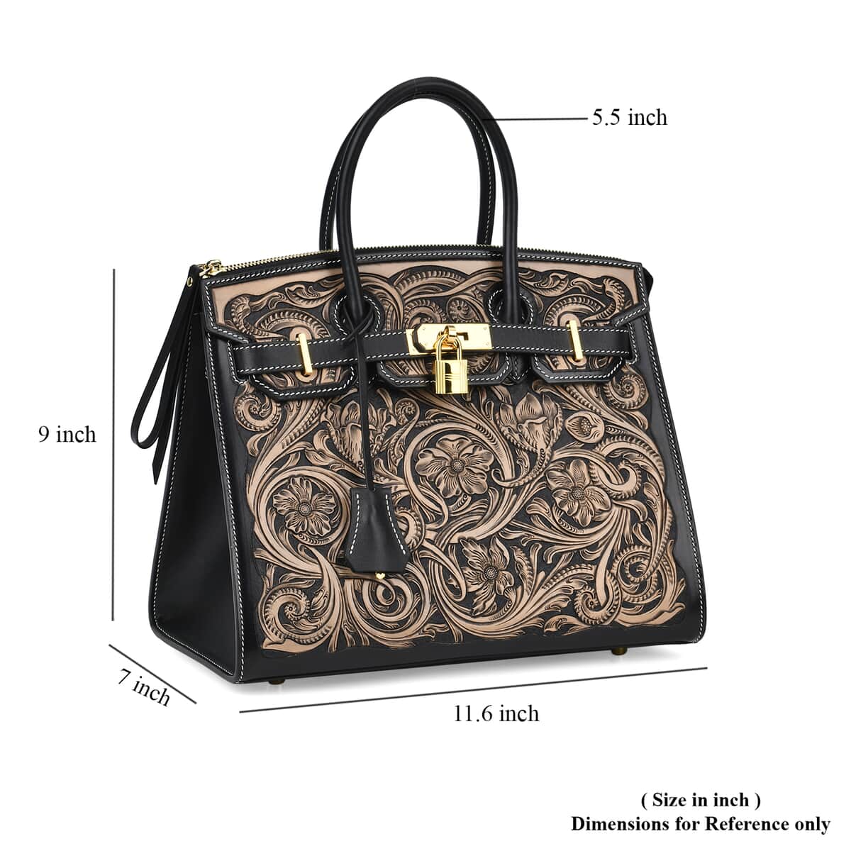 Grand Pelle Black with Solid Color Hand Engraving Flower Genuine Leather Handbag with Handle Drop 5.5 Inch image number 6