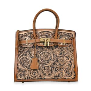 Grand Pelle Khaki with Solid Color Hand Engraving Flower Genuine Leather Handbag with Handle Drop 5.5 Inch