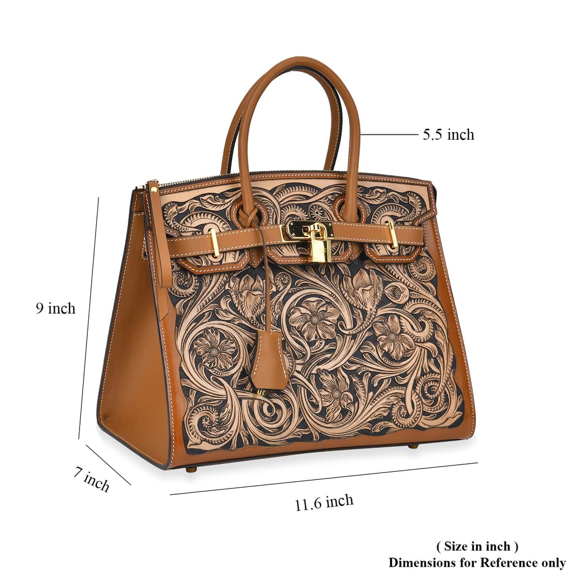 Grand Pelle Khaki with Solid Color Hand Engraving Flower Genuine Leather Handbag with Handle Drop 5.5 Inch image number 6