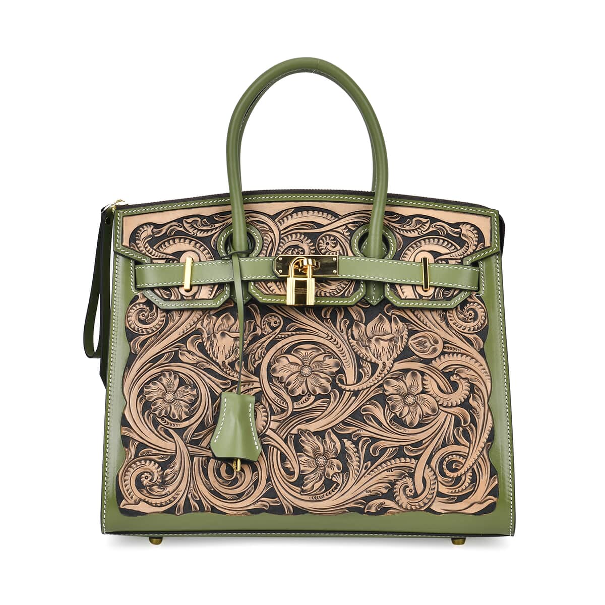 Grand Pelle Light Green with Solid Color Hand Engraving Flower Genuine Leather Handbag with Handle Drop 5.5 Inch image number 0