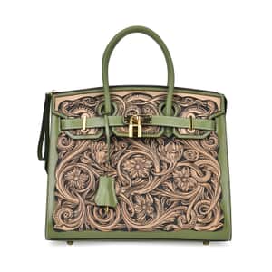 Grand Pelle Light Green with Solid Color Hand Engraving Flower Genuine Leather Handbag with Handle Drop 5.5 Inch