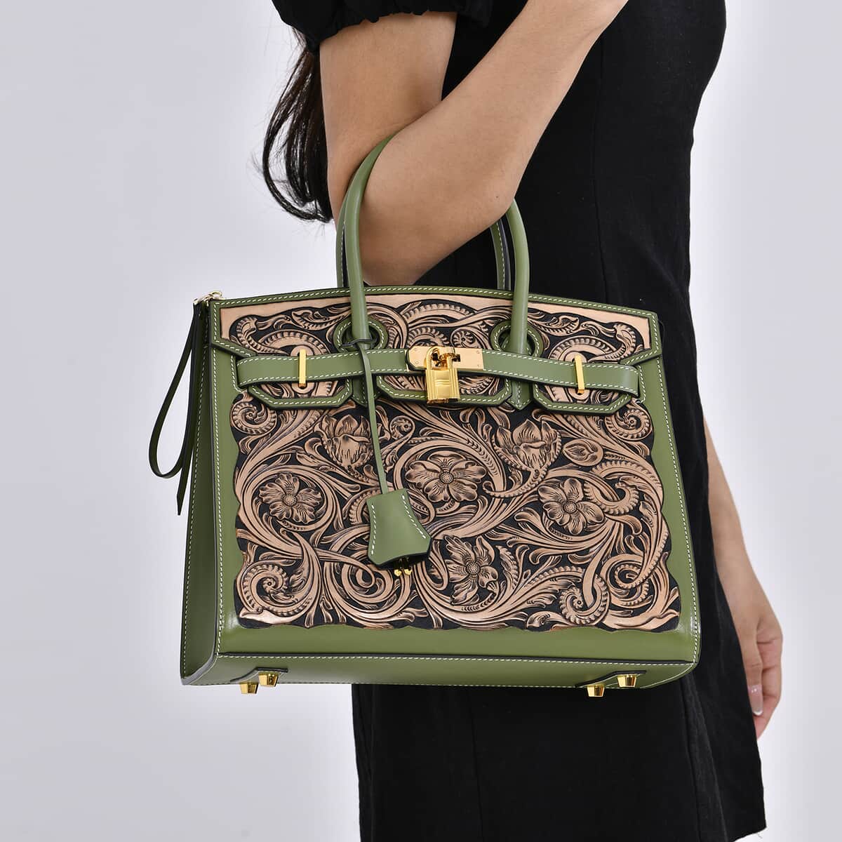 Grand Pelle Light Green with Solid Color Hand Engraving Flower Genuine Leather Handbag with Handle Drop 5.5 Inch image number 2